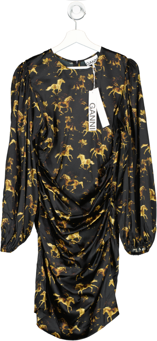 Ganni Black Ruched horse Printed Stretch-silk Satin Mini Dress UK 14