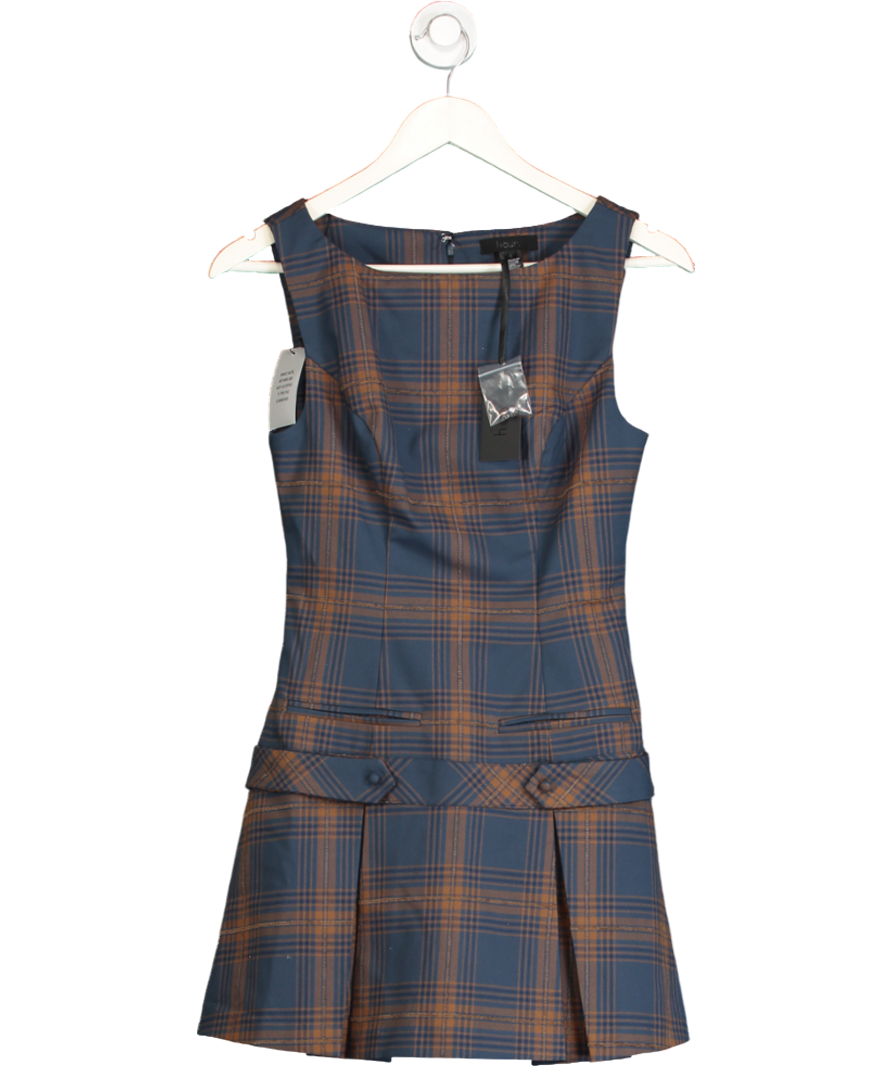 h:ours Blue Brown Check Pleated Mila Mini Dress UK XS
