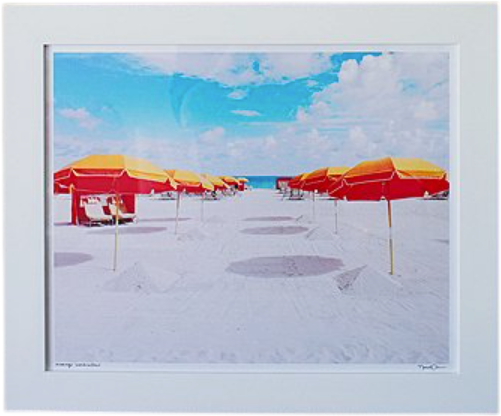 Natalie Obradovich 'Orange Umbrellas' Framed Photograph - Natural Burr Wood Frame