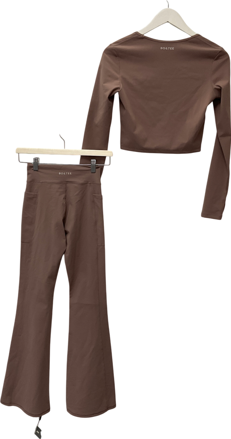 Bo + Tee Brown Long Sleeve Crop Top & Flare Trousers UK M