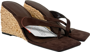 Topshop Brown Naomi Raffia Wedge Toe Thong Mule Sandal In Chocolate Faux Suede UK 6 EU 39