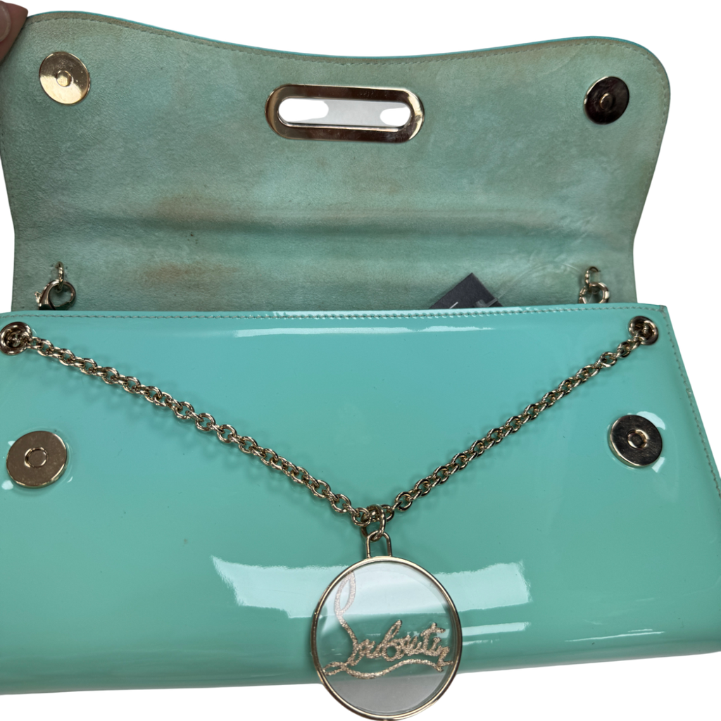 Christian Louboutin Aqua Patent Leather Riveiera Shoulder Clutch Bag
