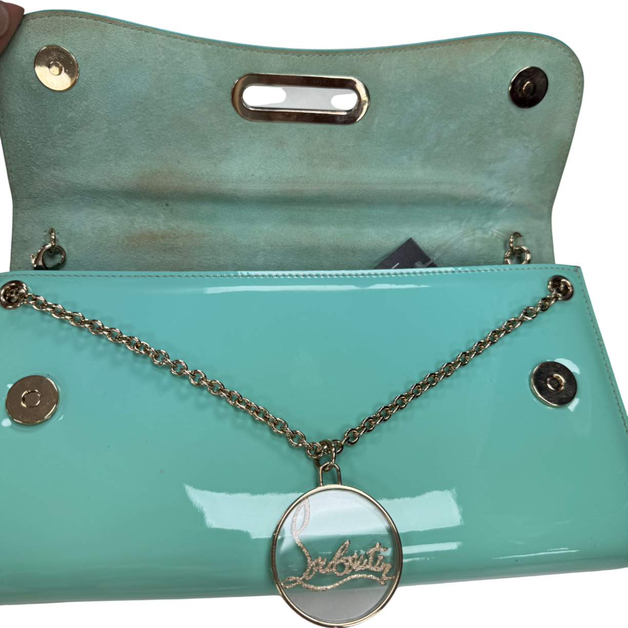 Christian Louboutin Aqua Patent Leather Riveiera Shoulder Clutch Bag