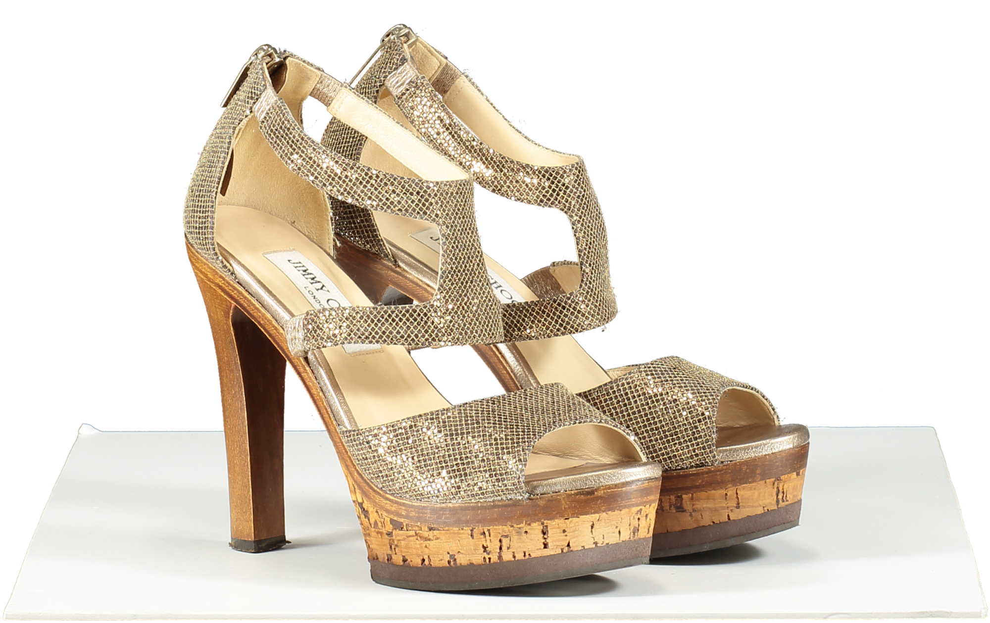 Jimmy Choo Metallic Wood Heeled Platform Sandals UK 3 EU 36 👠
