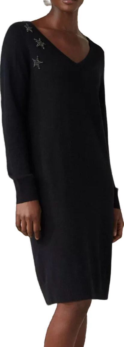 The White Company Black Wool/cotton Blend Embellished Star Party Knit Dress UK 8