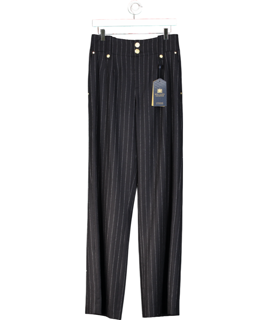 HOLLAND COOPER 100% Wool High Waisted Straight Trouser Navy Blue Chalk Pinstripe UK 10