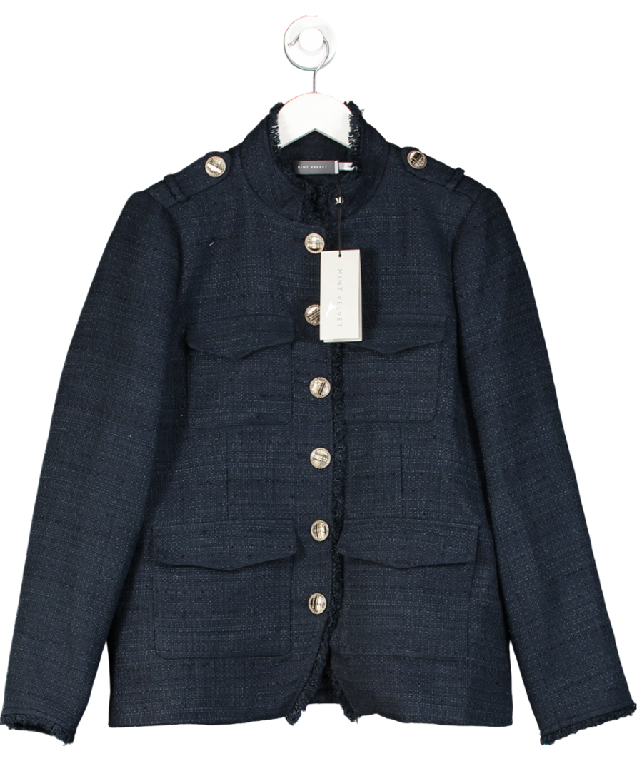 Mint Velvet Blue Navy Boucle Military Jacket UK L