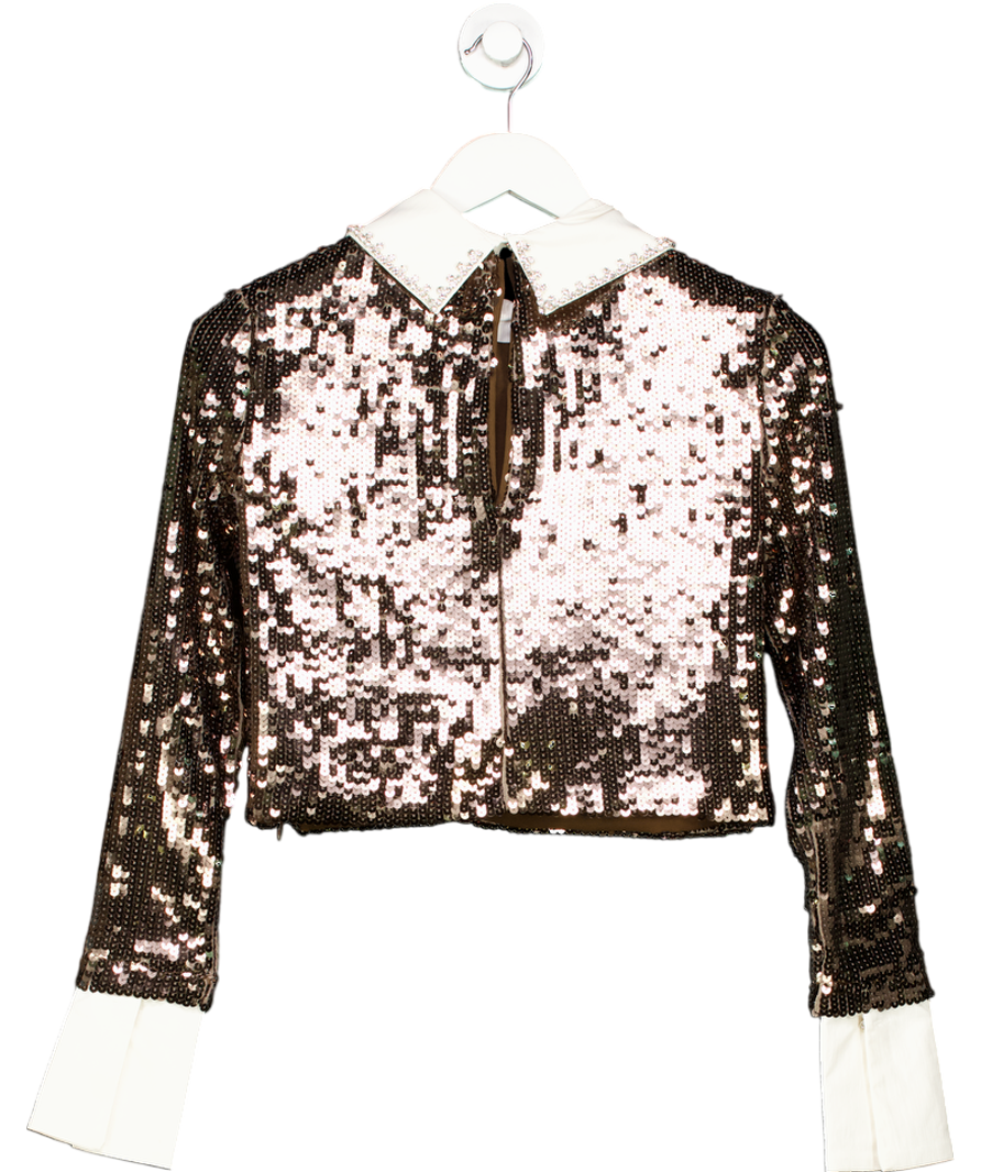Karen Millen Brown Sequin Woven Long Sleeve Crop Top UK 8