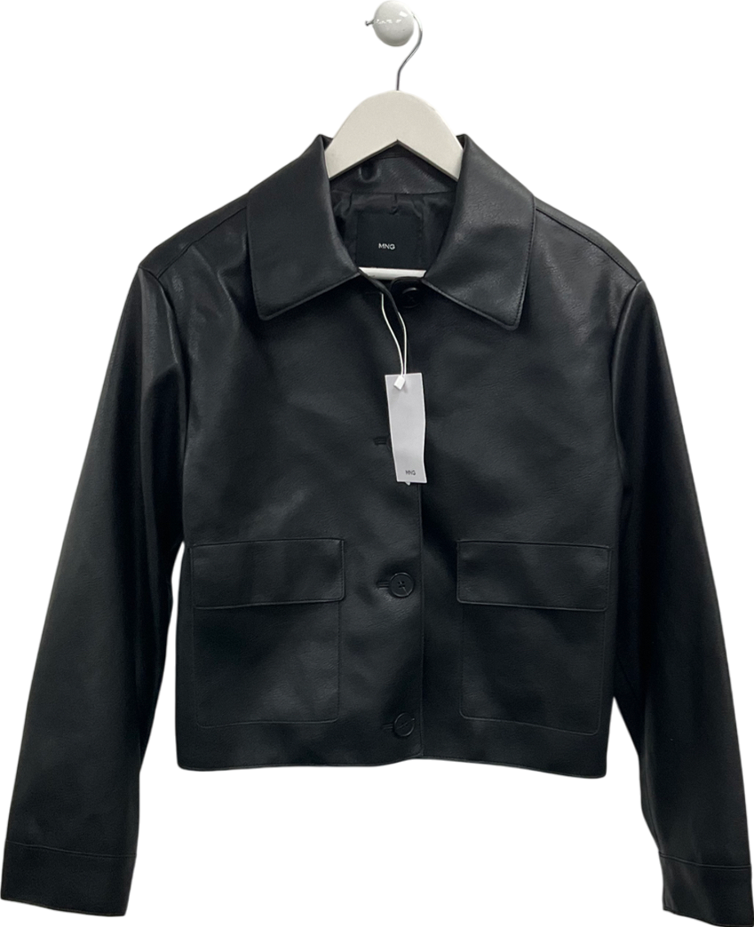 MANGO Black Leather Effect Jacket With Pockets UK S