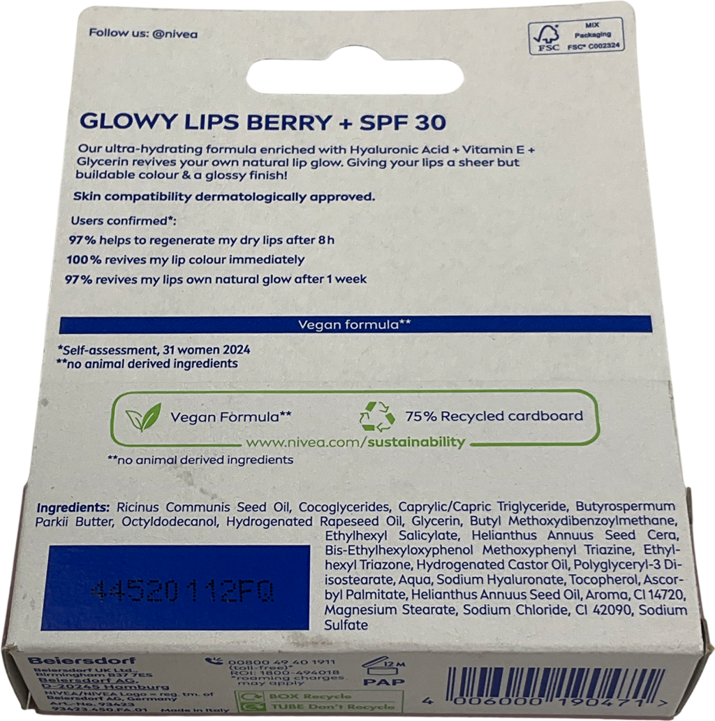 Nivea Lip Hyaluron Glowy Lips Lip Balm Tube Berry 10ml