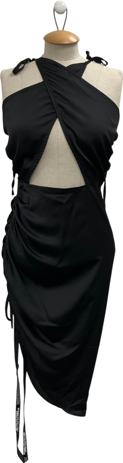 PrettyLittleThing Black Satin Cut Out Ruched Bodycon Dress UK S