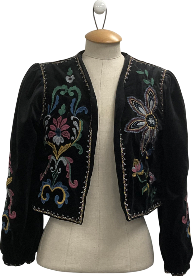 Black Velvet V-neck Floral Embroidery Tie Front Jacket UK S