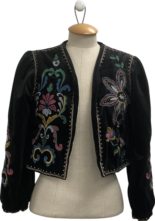 Black Velvet V-neck Floral Embroidery Tie Front Jacket UK S