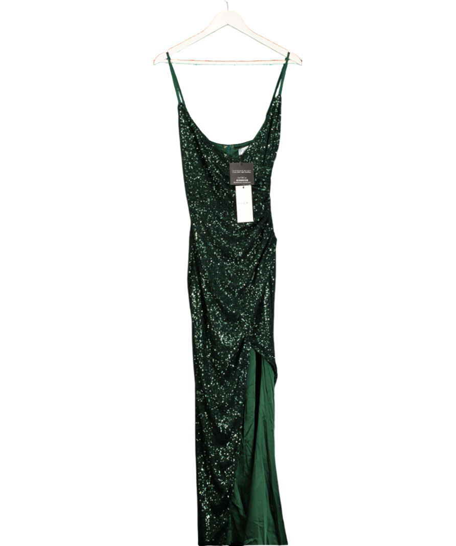 Club L Liora | Bottle Green Sequin Wrap Front Maxi Dress UK 10