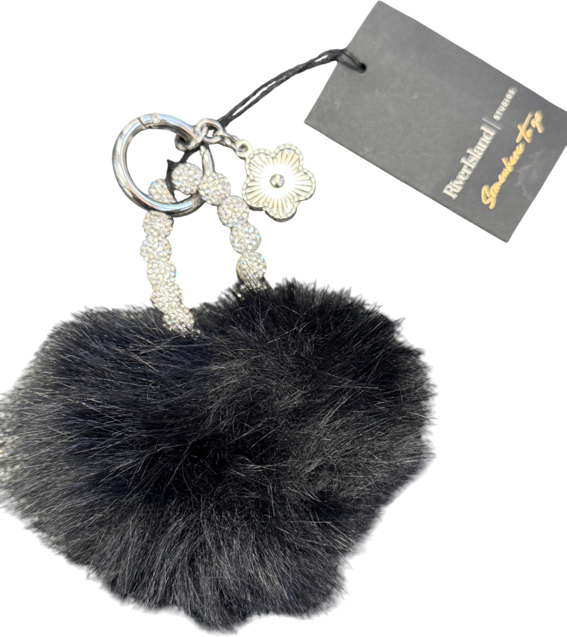 River Island Black Faux Fur Pompom Diamante Bag Charm