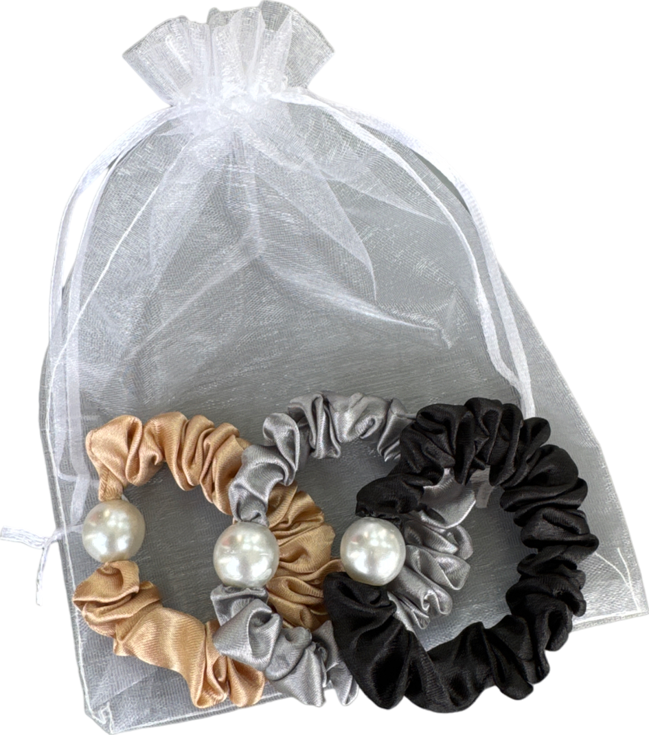 Set Of 3 Neutral Pearl Detail  Scrunchies In Tulle Gift Bag