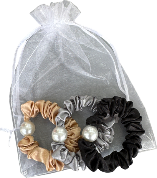 Set Of 3 Neutral Pearl Detail  Scrunchies In Tulle Gift Bag