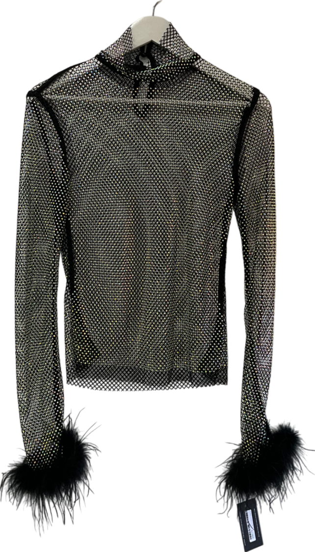 Noughts & Kisses Praya Black Diamante Mesh Feather Top UK L