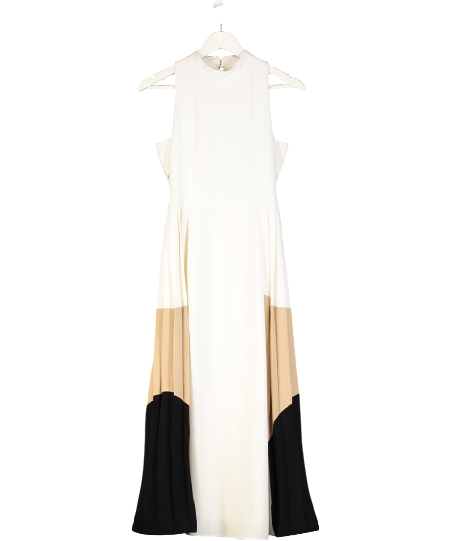 Karen Millen Cream Soft Tailored Midi Dress With Pleated Skirt And Contrast Side Panels UK 8