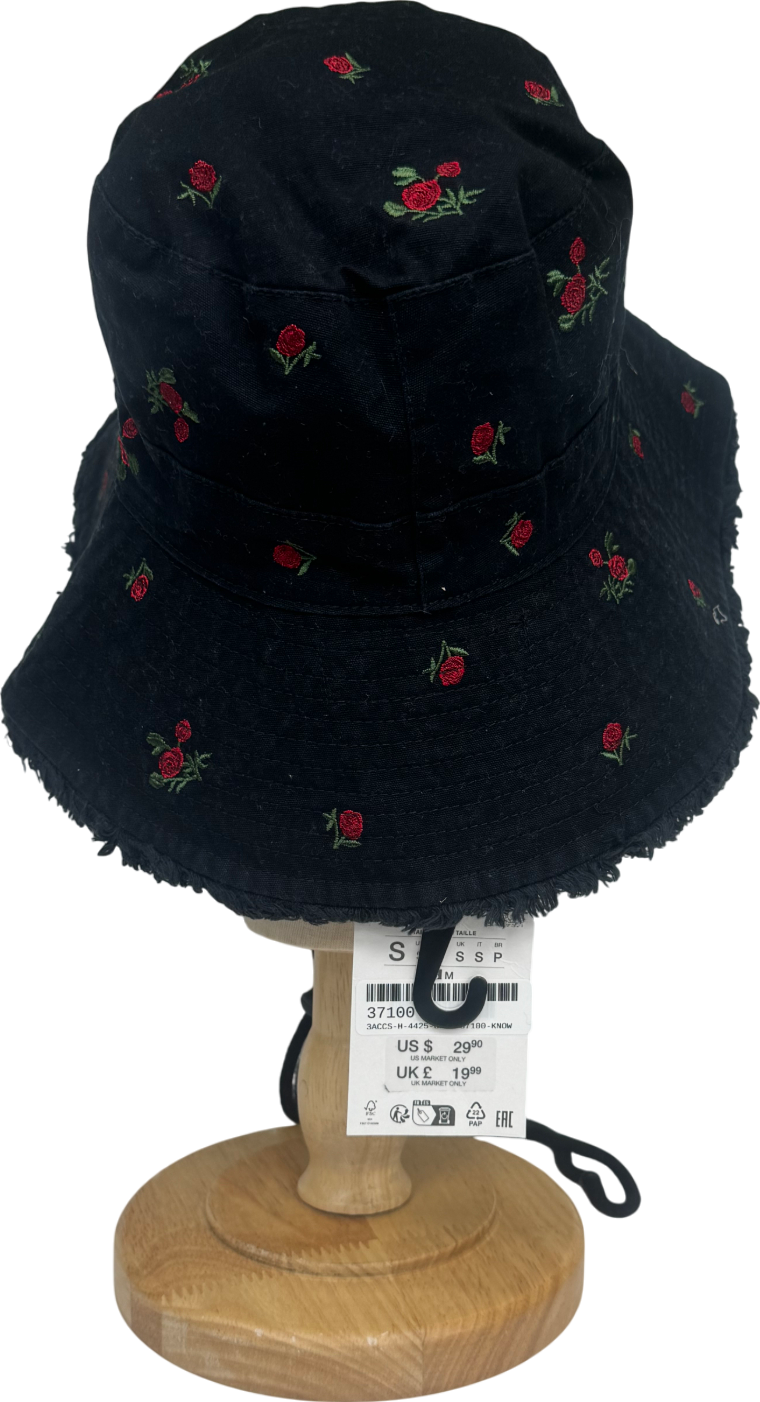 ZARA Black Embroidered Flower Bucket Hat UK S