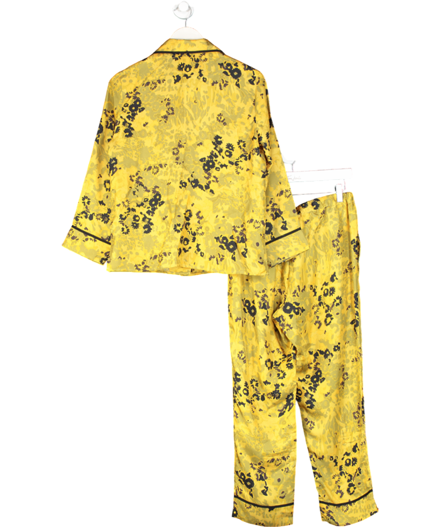 Asceno Yellow 100% Silk Floral Print Top And Trouser Set UK S