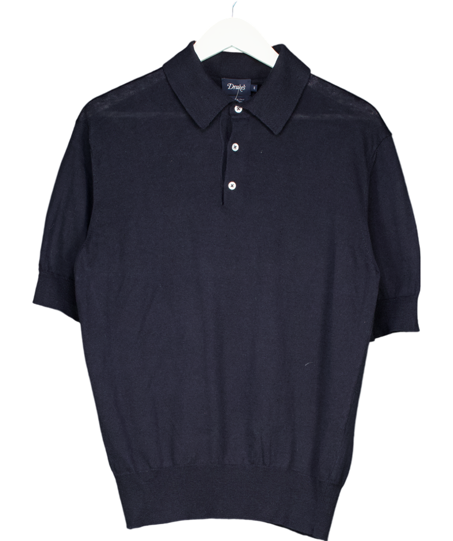 Drake's Navy Blue Knitted Linen-cotton Short-sleeve Polo Shirt UK M