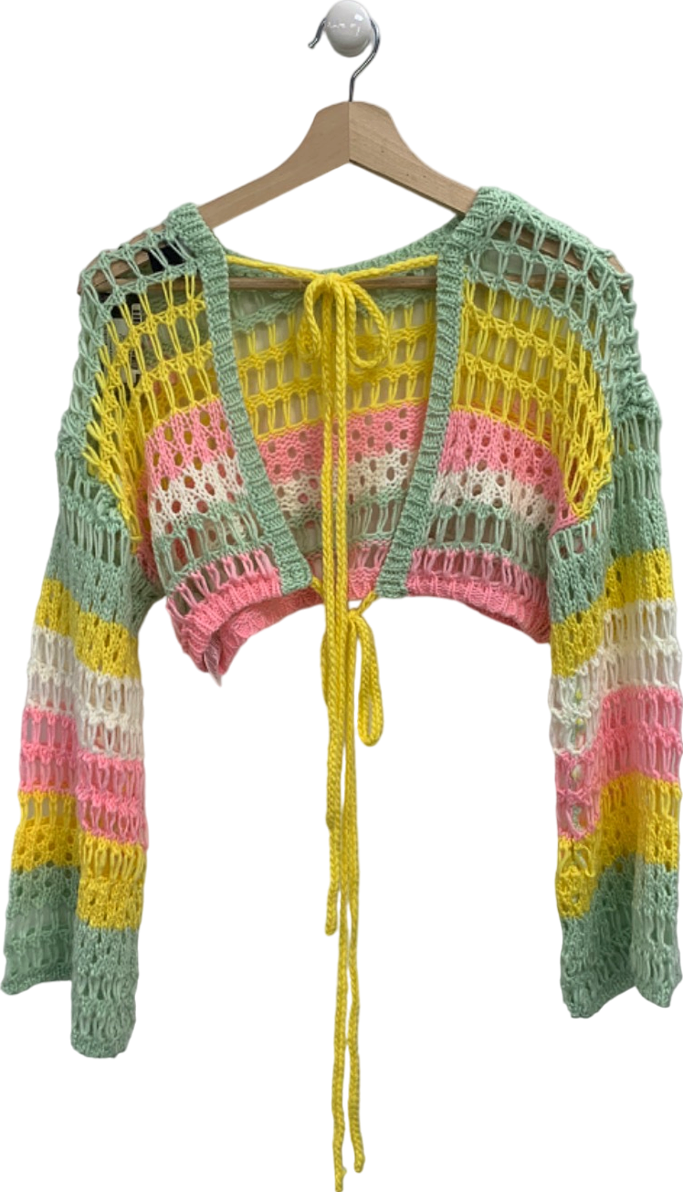 PrettyLittleThing Multicoloured Pink Open Crochet Knit Floral Applique Crop Top UK S