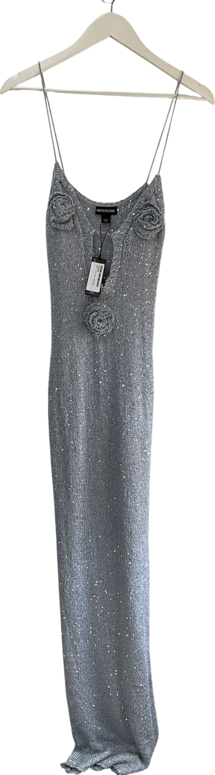 PrettyLittleThing Metallic Silver Sequin Knit Maxi Dress UK S