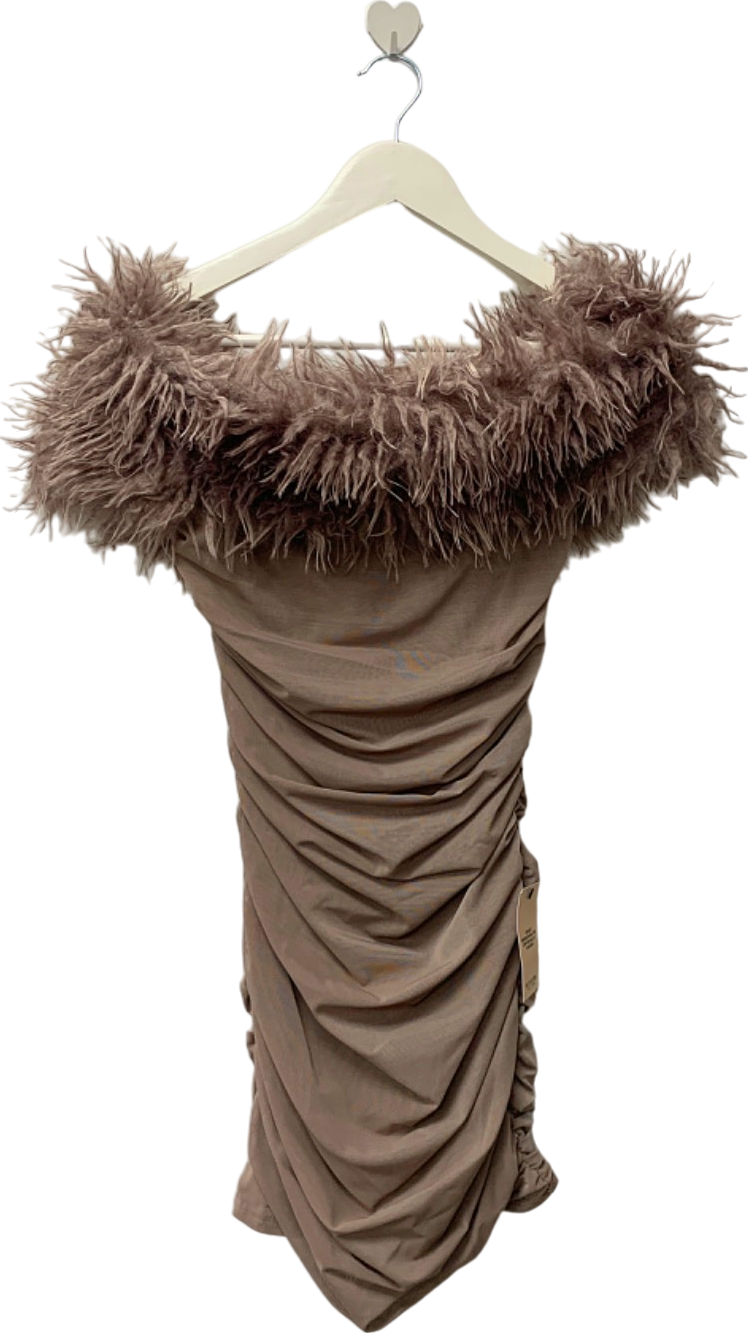 PLT Label Brown Faux Fur Trim Ruched Dress UK 8