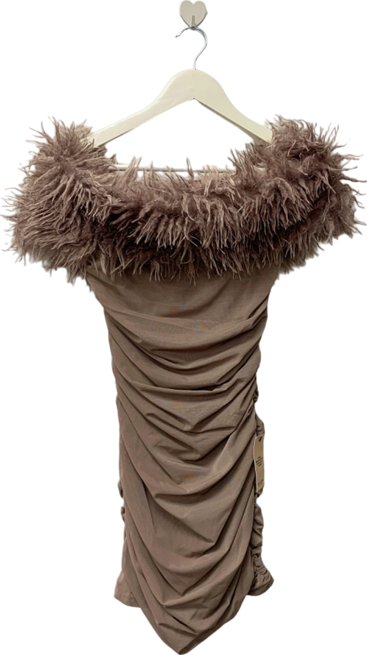 PLT Label Brown Faux Fur Trim Ruched Dress UK 8