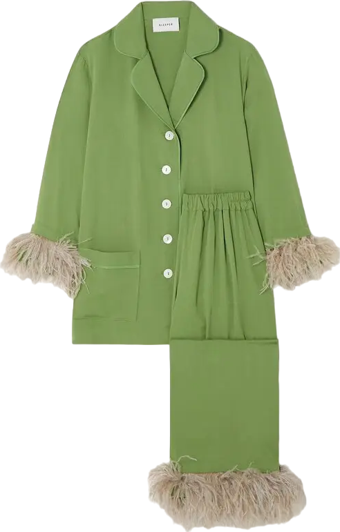 Sleeper Party Feather-trimmed Crepe De Chine Pajama Set - Green UK M
