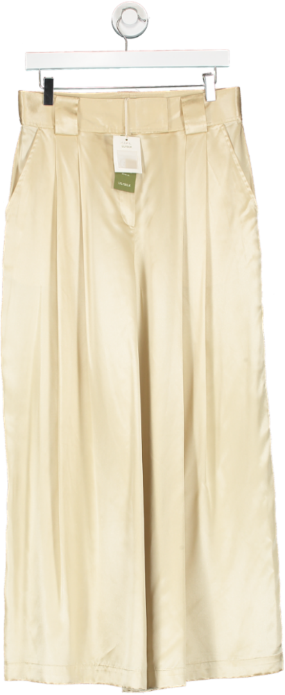 Lily Silk Beige Watershine Silk Wide-leg Trousers UK 14
