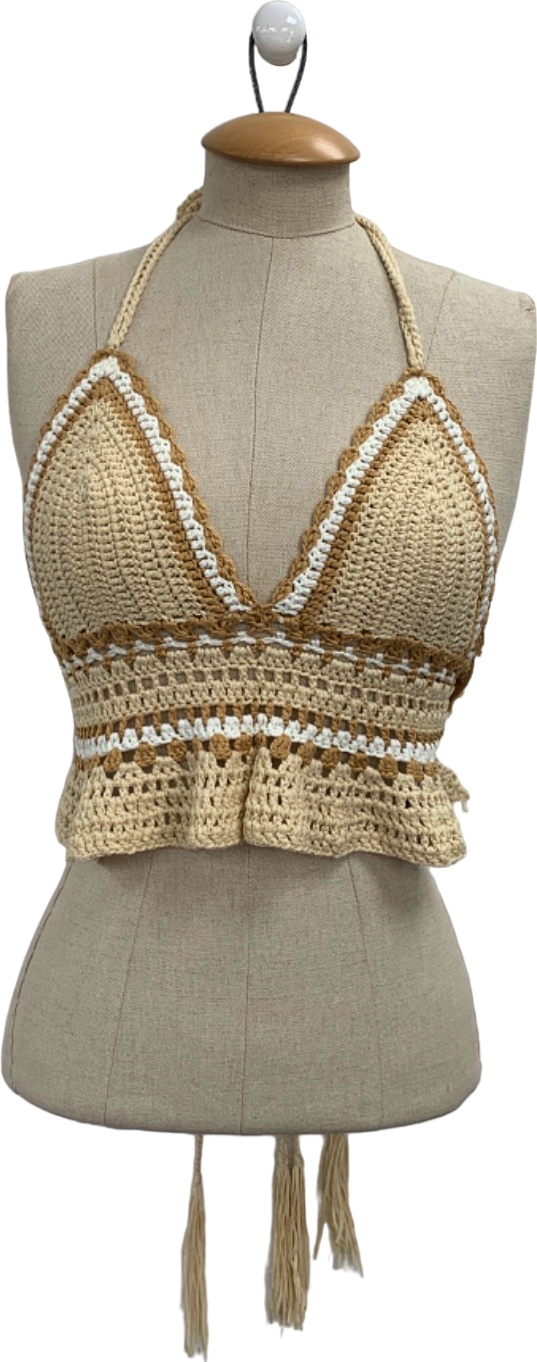 Jewel Boutique Beige & White Crochet Halterneck Top UK S
