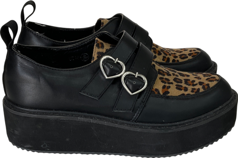 Koi Footwear Black Faux Leather Base With A Leopard Print Toe And Heart-shaped Buckle Details UK 7 EU 40 👠