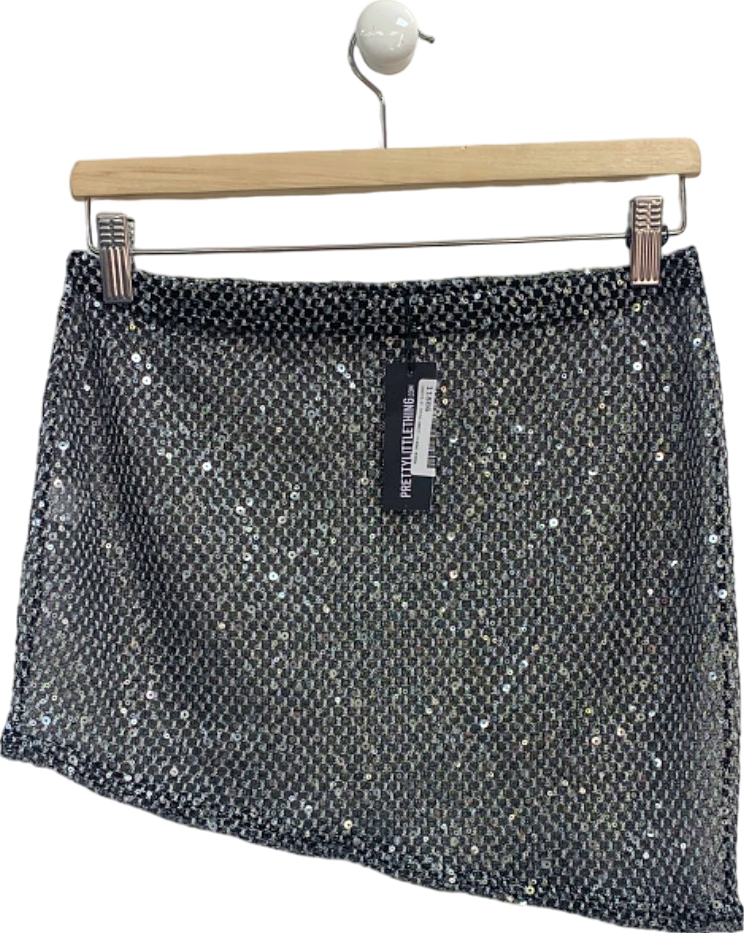 PrettyLittleThing Black Sequin Sheer Mini Skirt UK 10
