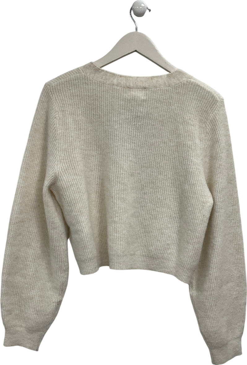 H&M White Rhinestone-bow Rib-knit Cardigan UK M