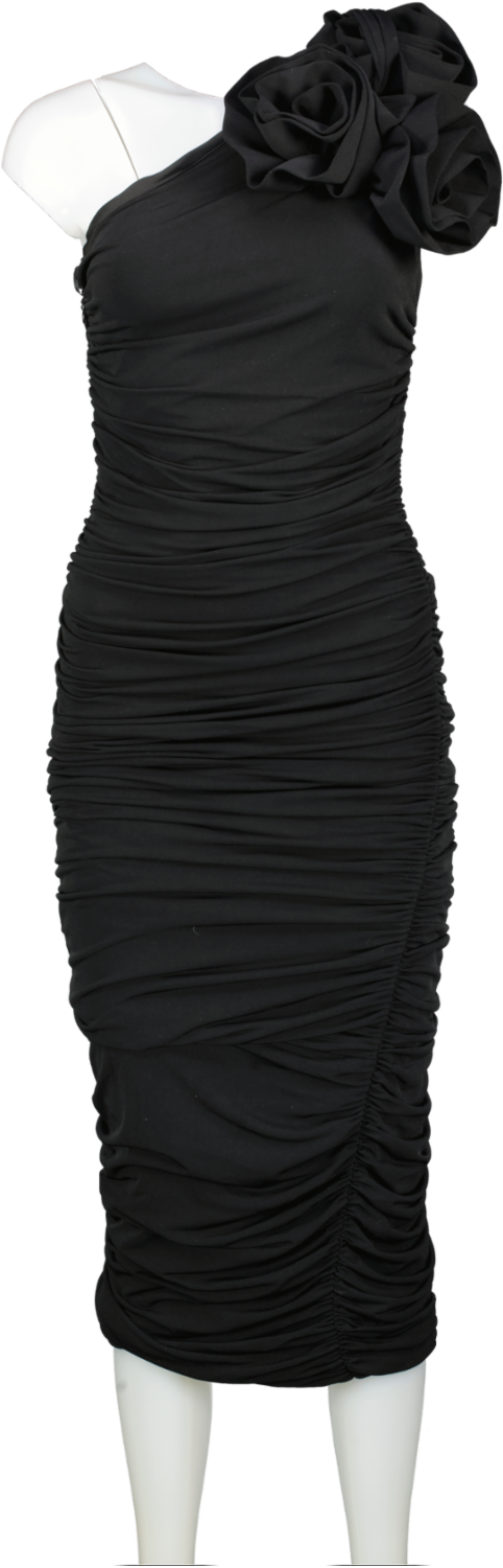 Karen Millen Black Drapey Ruched Jersey Rosette Midi Dress UK S