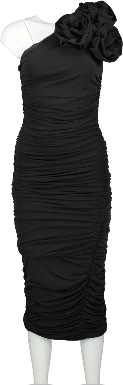Karen Millen Black Drapey Ruched Jersey Rosette Midi Dress UK S