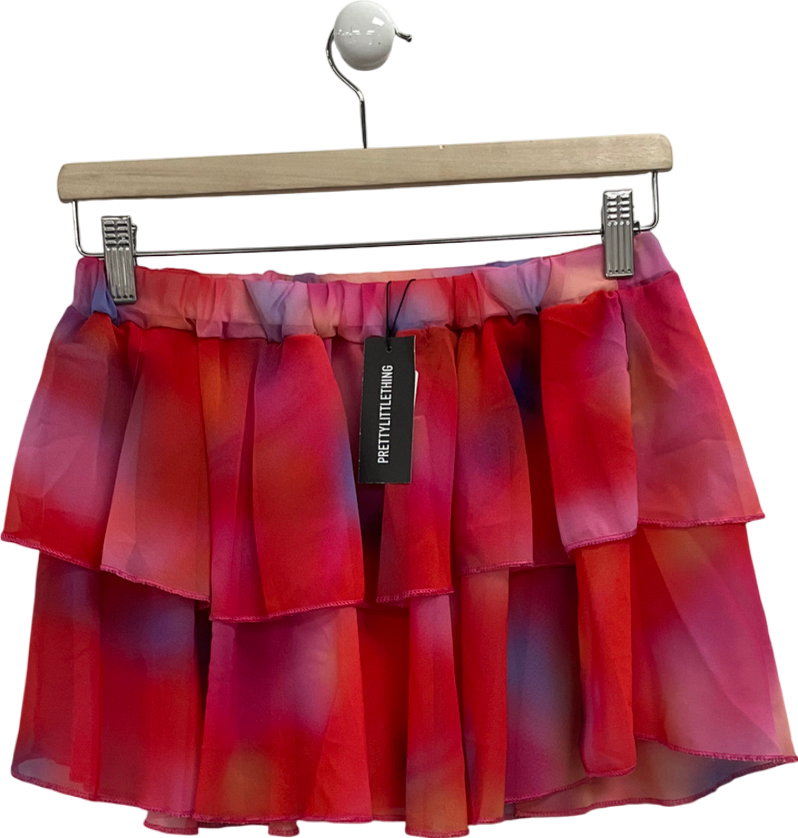 PrettyLittleThing Red Multi Printed Chiffon Frill Mini Skirt UK 12