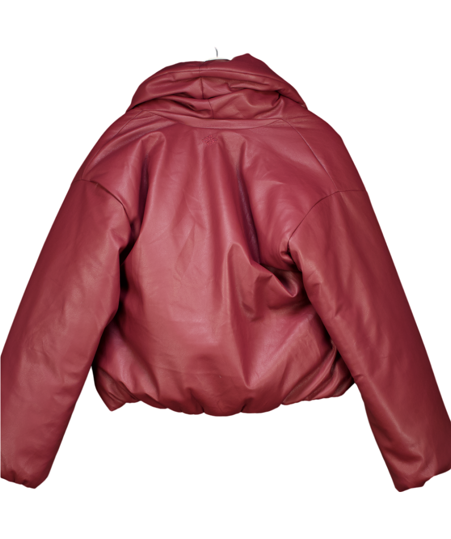 The Couture Club Oversized Collar Faux Leather Puffer Coat - Burgundy UK 10