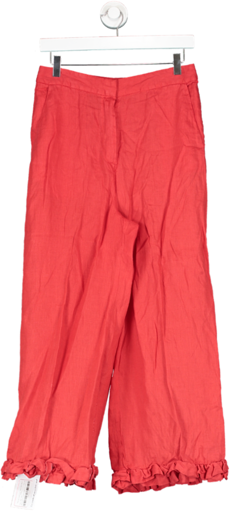 Finery Red Wide Leg Cropped Linen Trousers With Frilled Hemline UK 8
