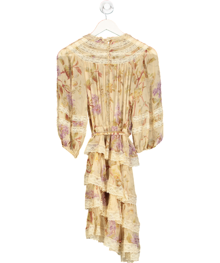 Zimmermann Beige Sabotage Tiered Lace Silk Mini Dress UK S