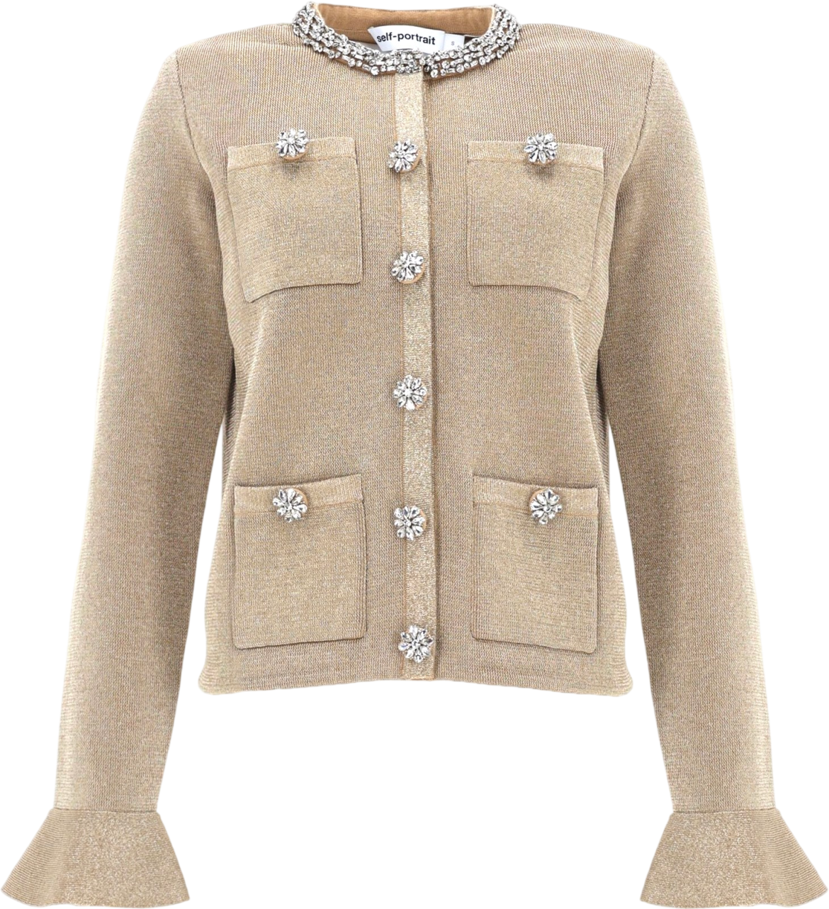 SELF PORTRAIT Metallic Gold Crystal Trim Cotton Blend Embellished Cardigan UK XS