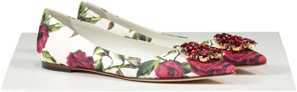 Dolce & Gabbana White Jacquard Rose Print Bellucci Ballet Flats UK 5 EU 38 👠