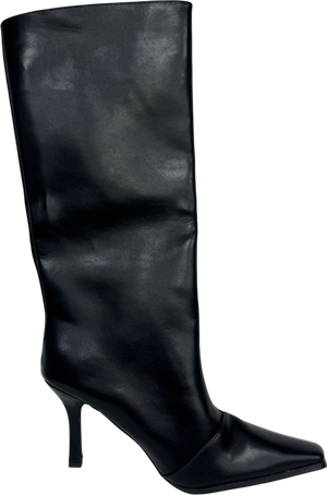 Ego Tarsier Pointed Toe Knee High Long Heeled Boot In Black Faux Leather UK 6 EU 39
