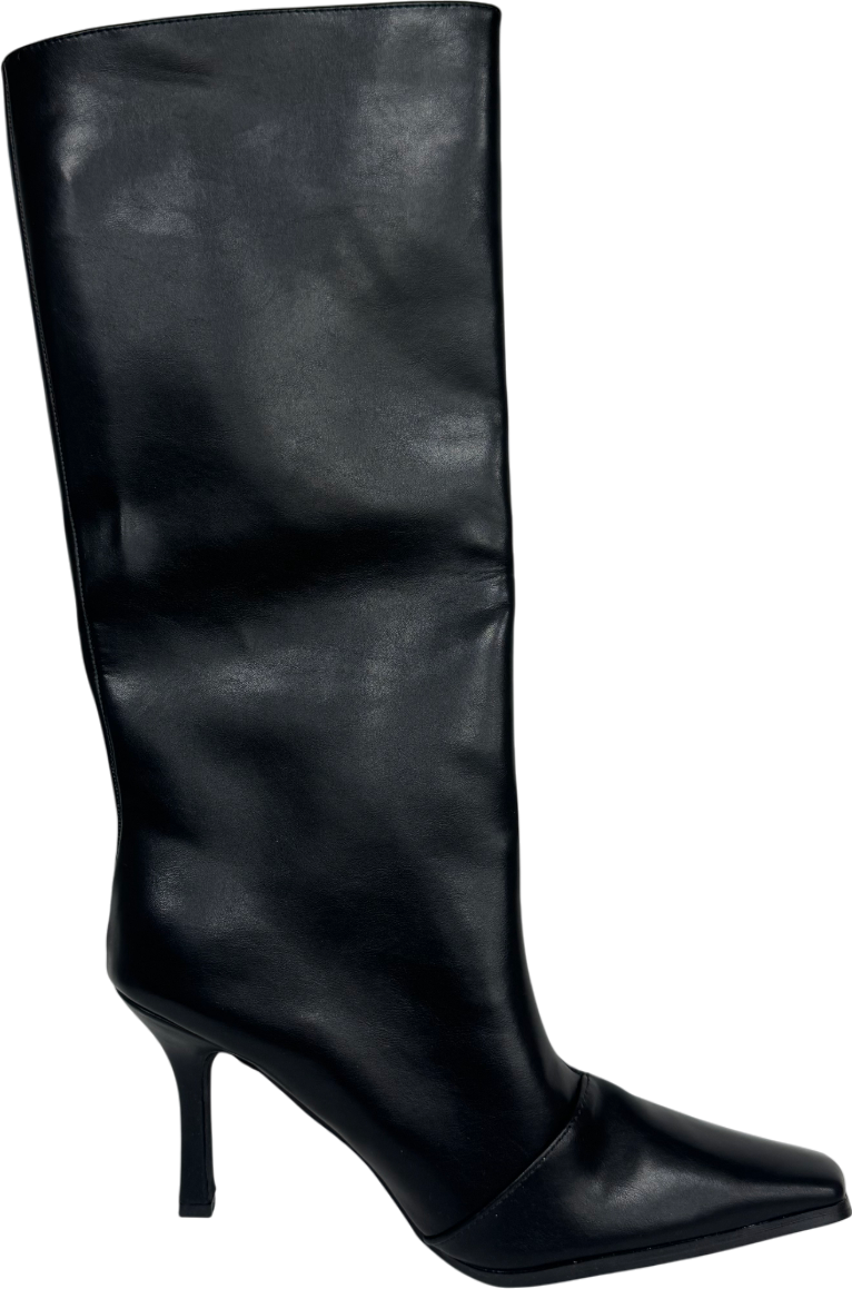 Ego Tarsier Pointed Toe Knee High Long Heeled Boot In Black Faux Leather UK 6 EU 39 👠