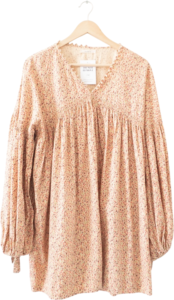 DÔEN Multicoloured Marguerite Floral Printed Balloon Sleeve Mini Dress With Pockets UK L