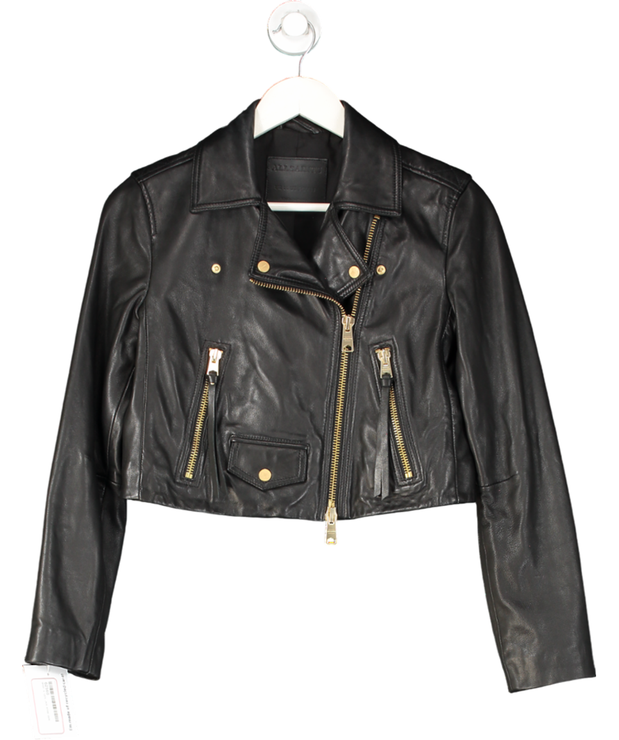 AllSaints Black Elora Cropped Slim Leather Biker Jacket UK 10