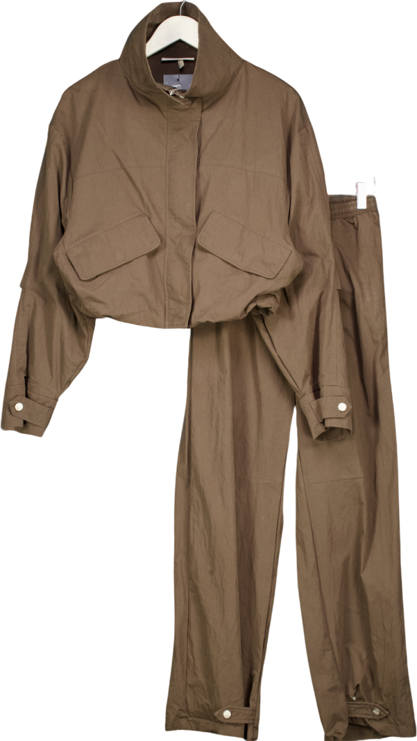 The Couture Club Brown 2-piece Funnel Neck Shell Jacket & Barrel Leg Trousers Set UK 8