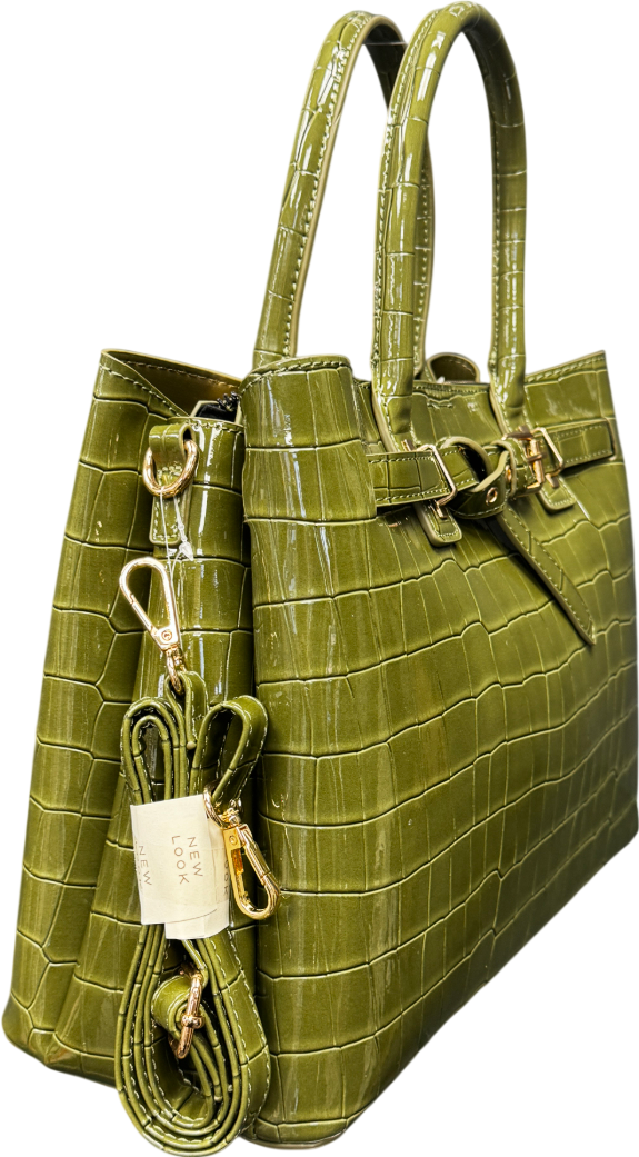 New Look Green Khaki Buckle Faux Croc Triple Compartment Tote Bag
